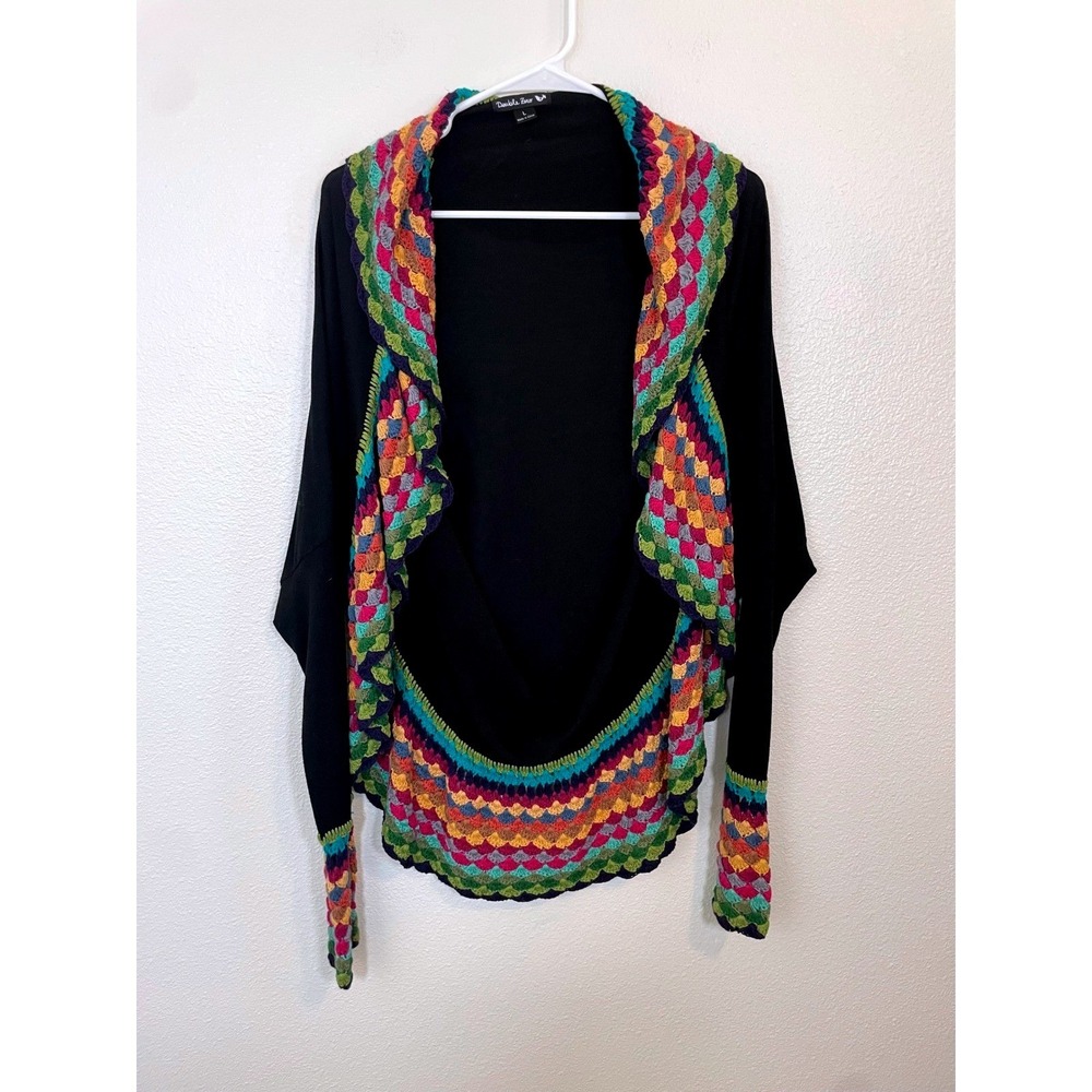 Double Zero Womens Large Black Cardigan Sweater‎ Crochet Rainbow Trim Open Front